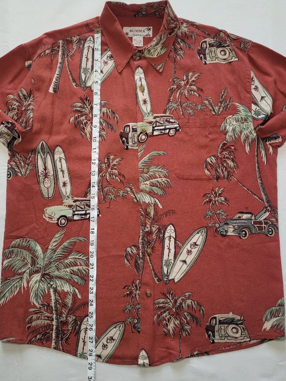 Summa Red Hawaiian Silk Blend Shirt Surfboard Woody Wagon Print Mens Large - Picture 7 of 9